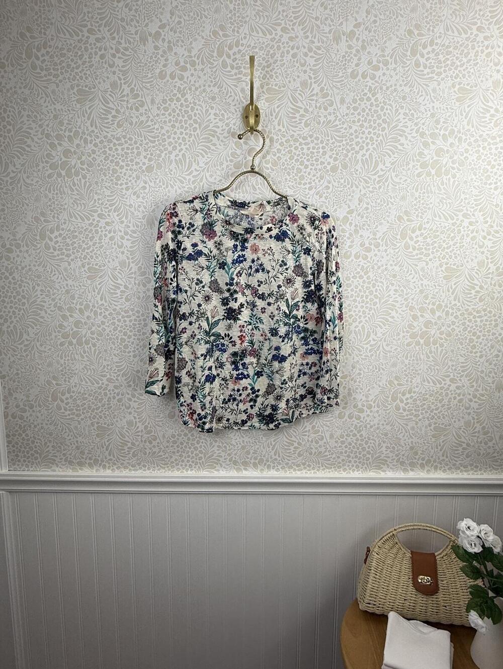 Rebecca Taylor 100% Linen Cream Floral Print 3/4 Sleeve Tee - Size - XS